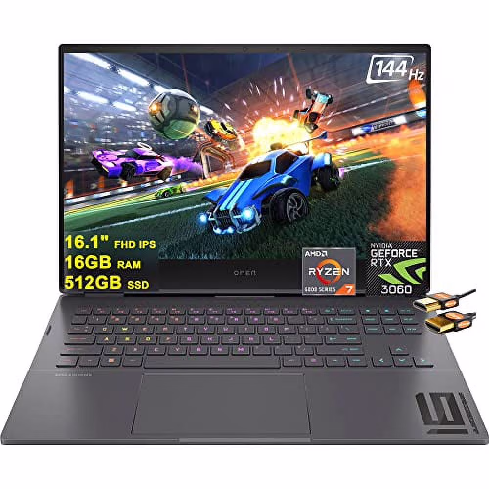 HP Omen 16 Gaming Laptop 16.1" FHD IPS 144Hz 7ms (100% sRGB, 300nits) AMD Ryzen 6000 Octa-core Ryzen 7 6800H 16GB RAM 512GB SSD Geforce RTX 3060 6GB RGB Backlit USB-C B&O Win11 Black + HDMI Cable