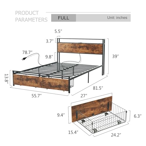 King Size Bed Frames, Bed Frame with Charging Station, No Box Spring Needed, Noise-Free, with Reinforced Strong Support Legs and Headboard (Brown)