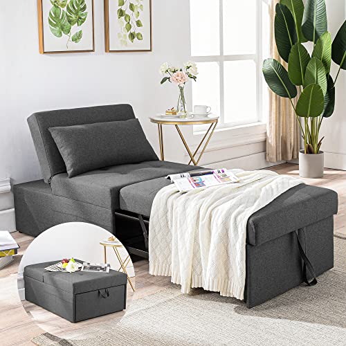 Cozy Castle Sleeper Chair, Convertible Chair Bed, 4 in 1 Ottoman Bed, Pull Out Sofa Bed, Linen Fabric Chaise Lounge, for Living Room/Small Apartment, Dark Grey