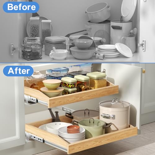 ROOMTEC 2 Tier Pull Out Cabinet Organizer, Double Tier Slide Out Wood Cabinet Organizer with U Bracket, Pull Out Drawers for Base Cabinet Organization in Pantry, Kitchen(19½