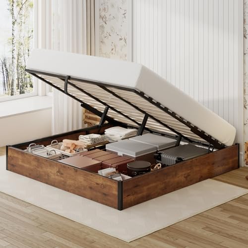 Lift Up Storage Bed Frame, King Size Wooden Slats Platform Bed Frame with Ample Storage Underneath, No Box Spring Needed, Noise Free, Rustic Brown