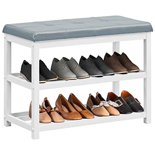 Giantex Shoe Bench, Wood Shoe Rack Bench with Cushion Seat, PU Seat Shoe Storage Organizer, Thick-Padded Shoe Shelf, 3-Tier Shoe Rack for Entryway, Bedroom, Living Room, Hallway (White+Grey)