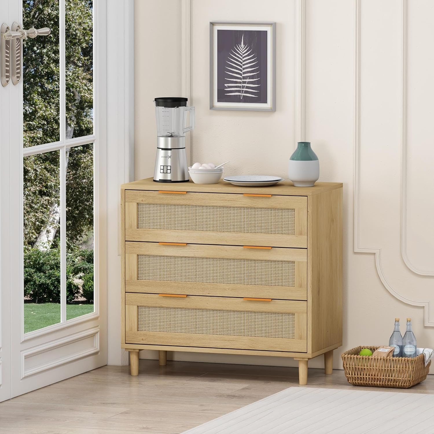 Storage Cabinet with 3 Rattan Drawers Natural Modern Contemporary MDF Oak Finish