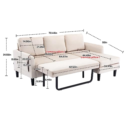 P PURLOVE 3 Seats Sleeper Sectional Sofa with Pull Out Bed,Upholstered L Shape Sofa,Sectional Corner Sofa Couch with Storage Chaise Lounge and Pocket,for Living Room,Small Space