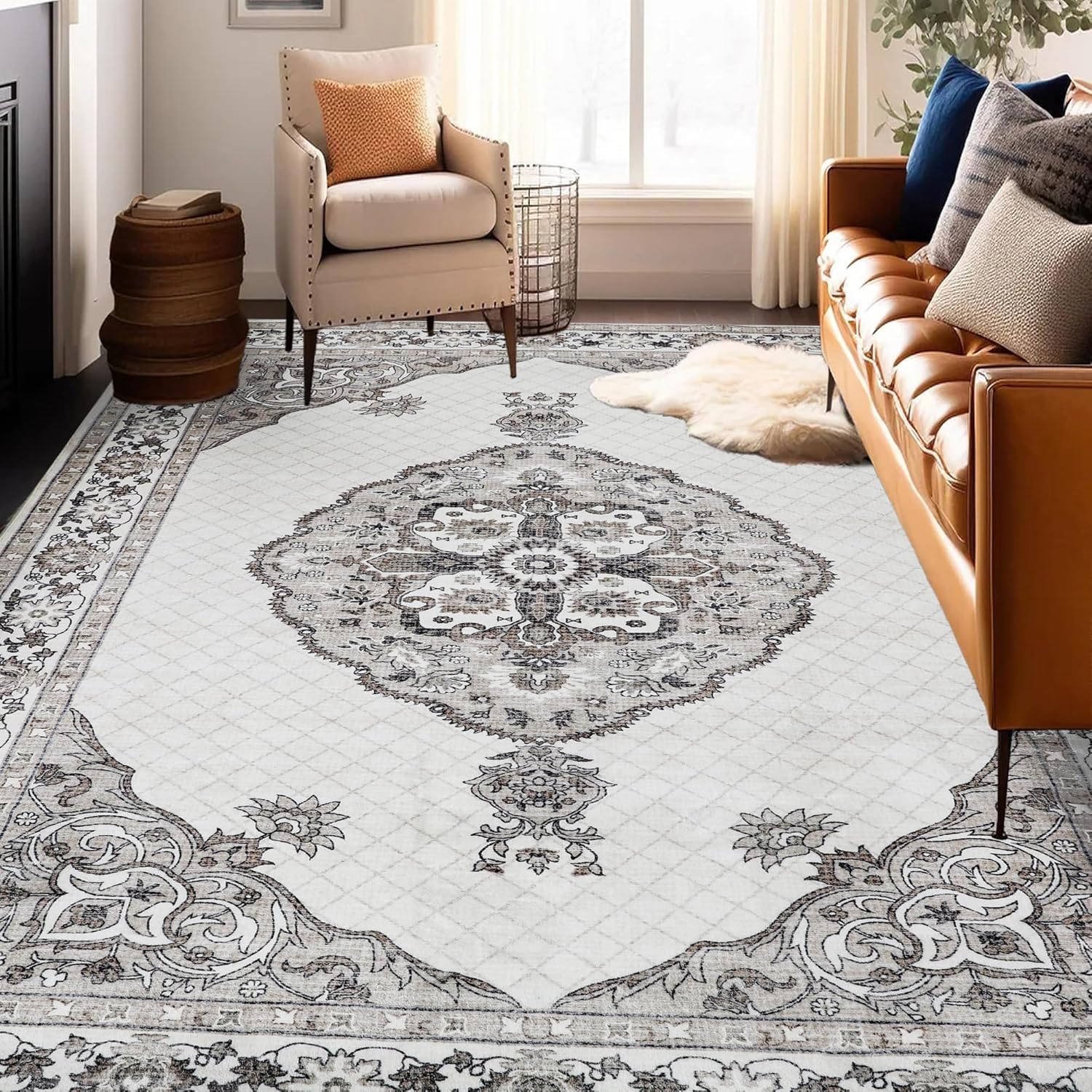 Machine Washable Rug 9x12 Area Rugs for Living Room Large Boho Bedroom Vintage Design Rug, Soft Non-Slip Indoor Rug, Terracotta/Cream-Print Design