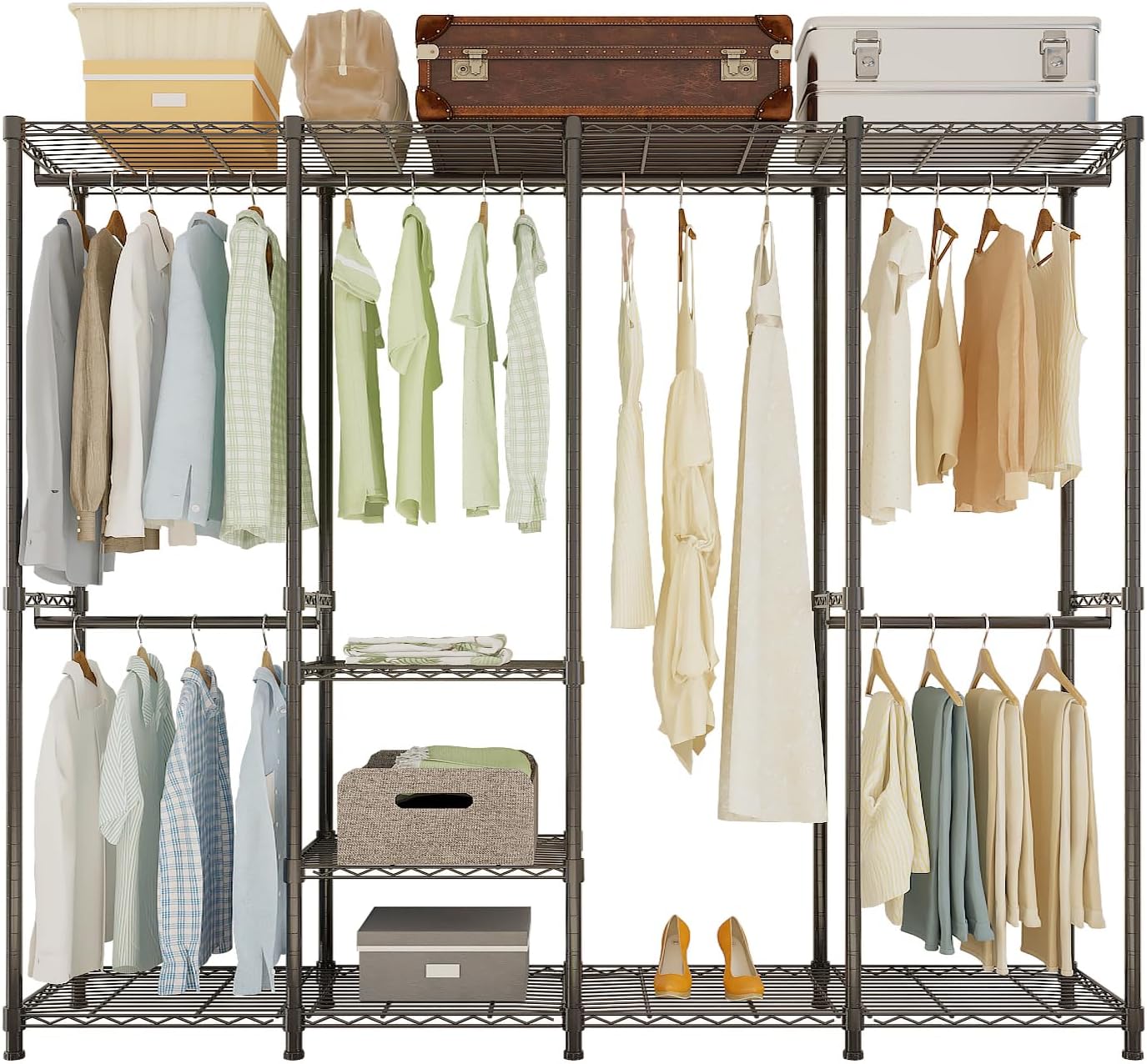 Karl home 4 Tiers Wire Garment Rack Heavy Duty Clothes Rack, Portable Closet Organizers Storage Clothing Wardrobe Freestanding Adjustable Shelves with 6 Rod, Black Metal Load Max 800LBS 75.6x15.7x74.8