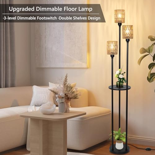 Dimmable Boho Floor Lamps for Living Room, 3-Lights Modern Floor Lamp with 3-Way Foot Switch, Gold Floor Lamp with Shelves, Shelf Standing Lamp with Fabric Shade, Tall Floor Lamps for Bedroom, Office