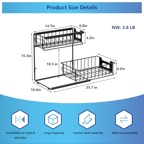Metal Under Sink Organizers and Storage, L-Shape Pull Out Kitchen Cabinet Slide Out Sink Shelf, 2-Tier Sliding Drawer Storage Basket for Bathroom Organization, Black