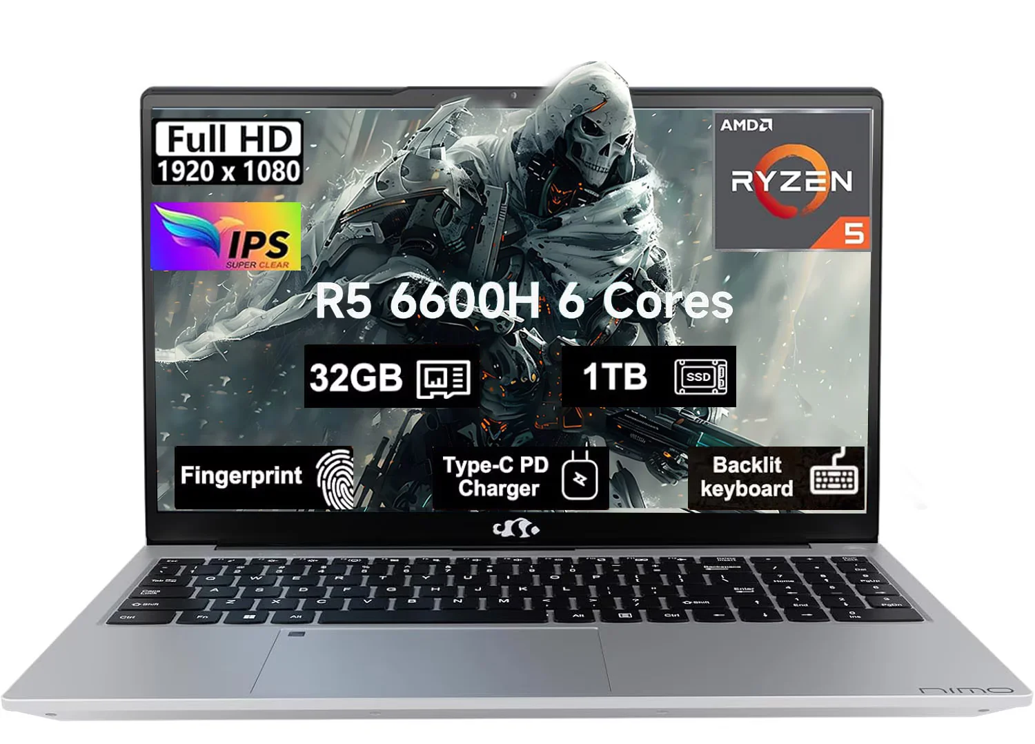 15.6" Business-gaming-Laptop 6-Cores AMD Ryzen 5 6600H 660M 6nm GPU 32GB DDR5 1TB SSD(up to 4.5GHz) Windows11 100W Type-C FHD IPS Laptop-Computer with Fingerprint Backlit Keyboard WiFi5
