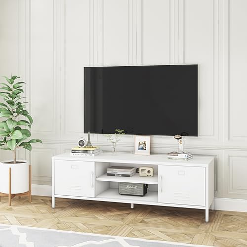 TV Stand for 55 60 inch TV, Glass Door Metal TV Cabinet Modern Mid Century Entertainment Center with Storage, TV Industrial Media Console Table 2 Cabinet for Living Room, Bedroom (White)