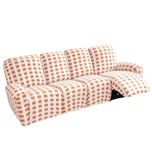 10-Piece Loveseat Recliner Slipcover Stretch Jacquard Pattern Recliner Sofa Cover 4 Seater Washable Reclining Couch Cover with Pocket Fitted Furniture Protector Cover(Orange)