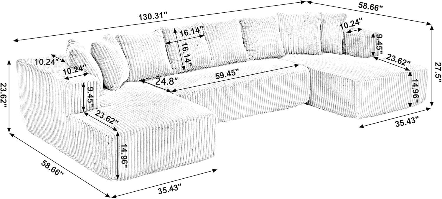 131'' Modular Sectional Couch, U-shaped sofa, Chaise Lounge, Striped fabric,Upholstered 4 Seater Couch for Living Room, Bedroom, Combination Sofa