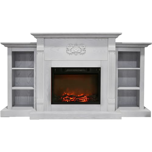 Cambridge Sanoma 72 Inch Freestanding Electric Fireplace Heater with Traditional Mantel, Built-In Bookshelves, LED Multicolor Flames, Timer, Remote Control, Log Display, Walnut