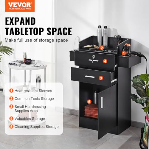 VEVOR Salon Storage Cabinet, Wall Mounted Barber Salon Station for Hair Styling, with 3 Sleeves, A Mirror, Double-Door Cabinet, and A Drawer, Black