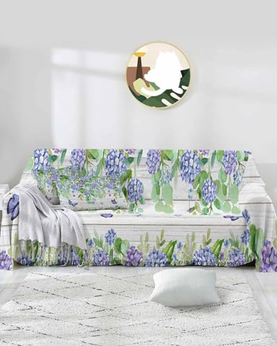 Country Cover Couch Covers for 3-4 Cushion Couch Throw Couch Cover with Tassel Soft Slipcover Hydrangeas Floral Eucalyptus Leaves Wood Grain White Couch Furniture Protector for Dog Pet 71