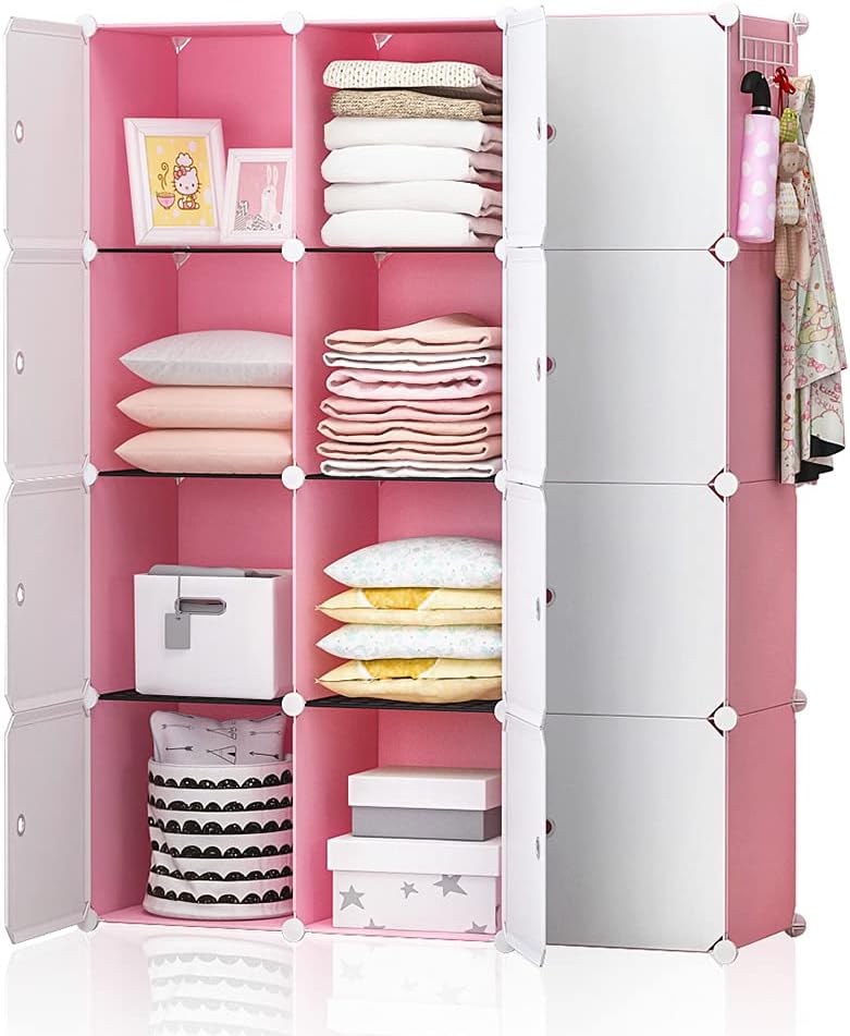YOZO Cube Storage Organzier Portable Closet Wardrobe Bedroom Dresser (42x14x56 inches) Portable Closet Cube Shelf Armoire Pantry Cabinet, 12 Cubes, Pink