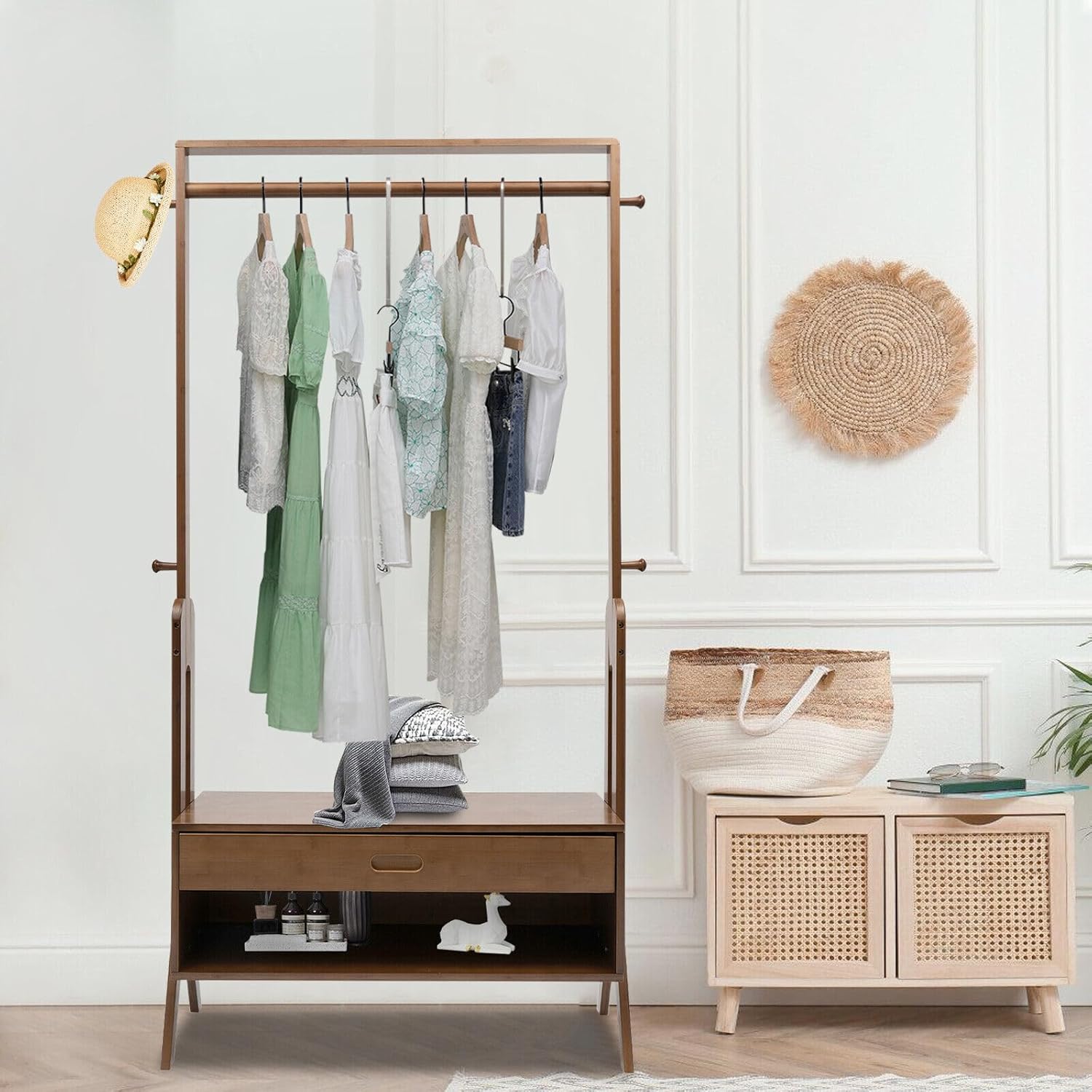 Vintage Bamboo Garment Rack, Freestanding Closet Organizer Coat Rack with Drawer & Hanger Hook, Multifunctional Bedroom Hanging Rack, Clothing Organizer Hat Tree for Bedroom, Hallways, Living Rooms
