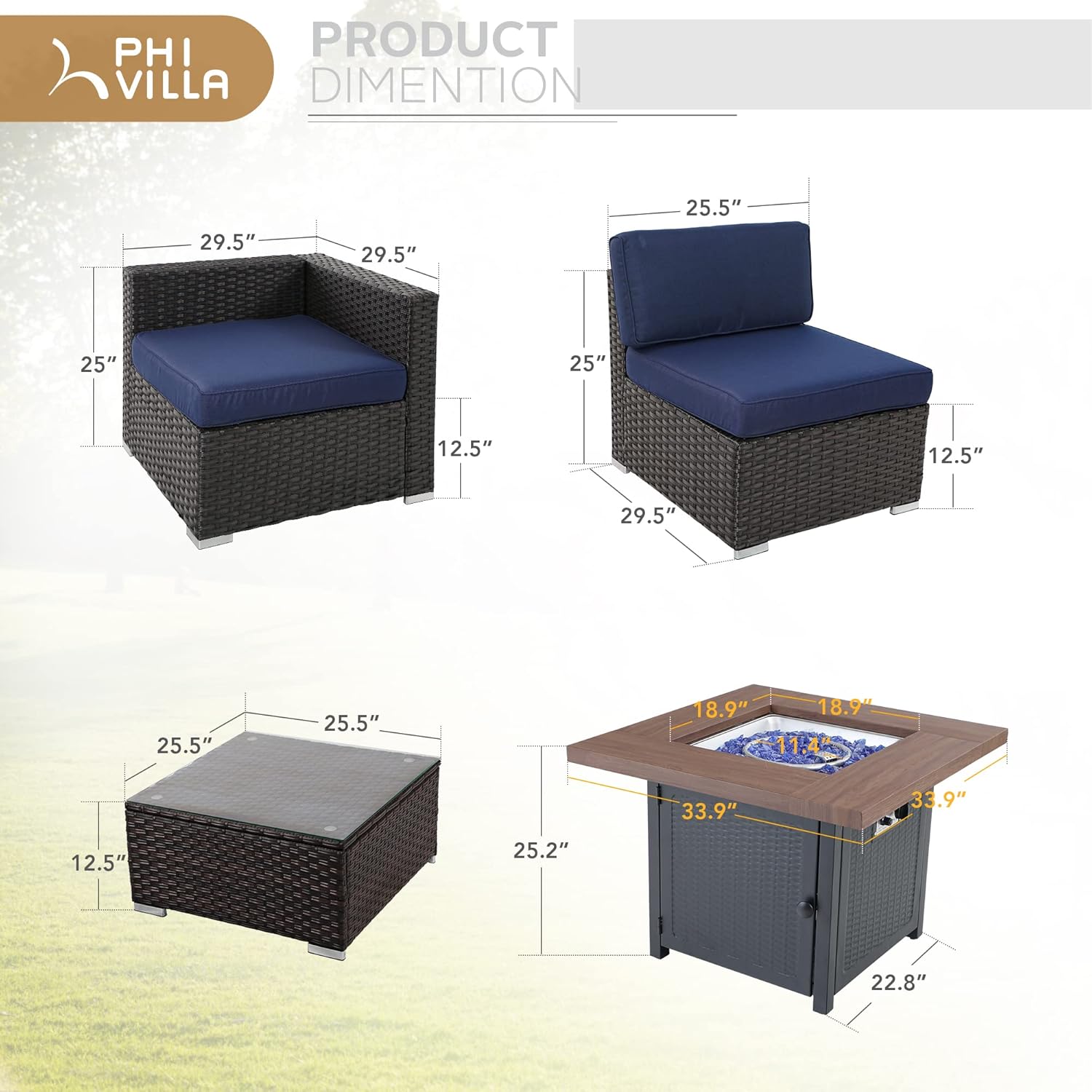 PHI VILLA 13 Pieces Patio Furniture Set with Fire Pit Outdoor Wicker Sofa Set Patio Conversation Sets w/Coffee Table, 34 Inch Gas Fire Pit, Wood-like Tabletop, Navy Blue