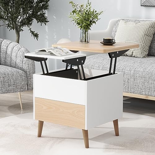 Multi-Functional Simple Coffee Table Extendable with Storage Drawer & Lift Top, Convertible Dining Table for Small Space Apartment, 3 in 1 Multi-Function Center Table Bedside Table, Oak