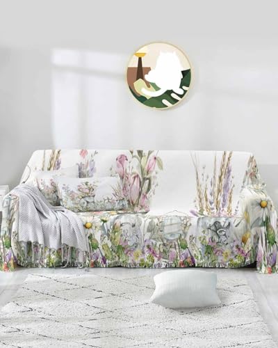 Floral Texture Sofa Cover Couch Covers for 3-4 Cushion Couch Throw Couch Cover with Tassel Soft Sofa Slipcover Watercolor Tulip Daisy Flowers White Couch Furniture Protector for Dog Pet 71