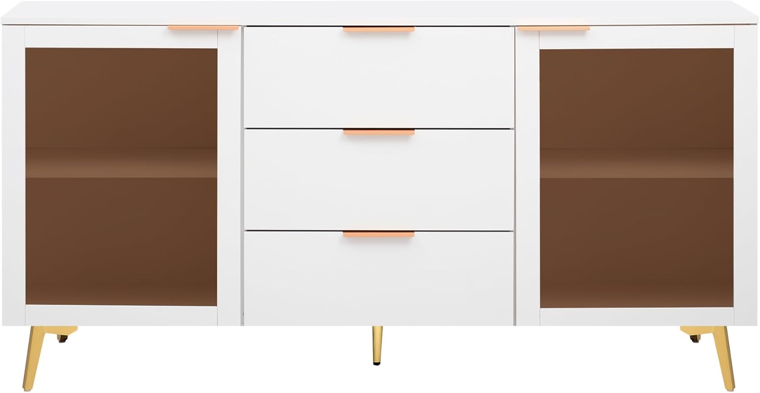 Modern Sideboard Buffet Cabinet with 2 Glass Door,3 Drawers,Narrow Long Storage Cabinet,Accent Cabinet,63” Multifunctional Console Cabinet,Buffet Server,Console Table,Cupboard,Bookcase