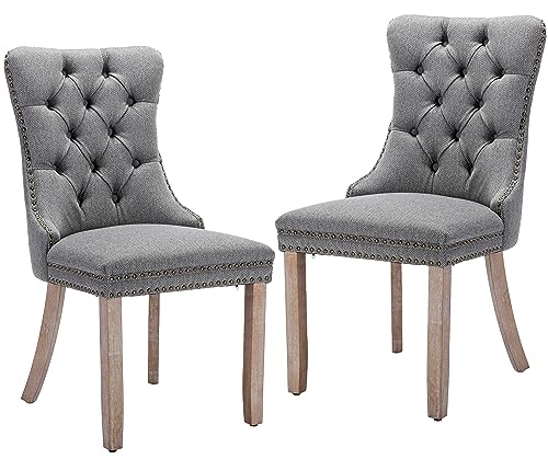 Upholstered Dining Chairs Set of 6 with Button Tufted, Linen Chair with Solid Wood Legs for Dining Room, Living Room, Bedroom, Kitchen Grey