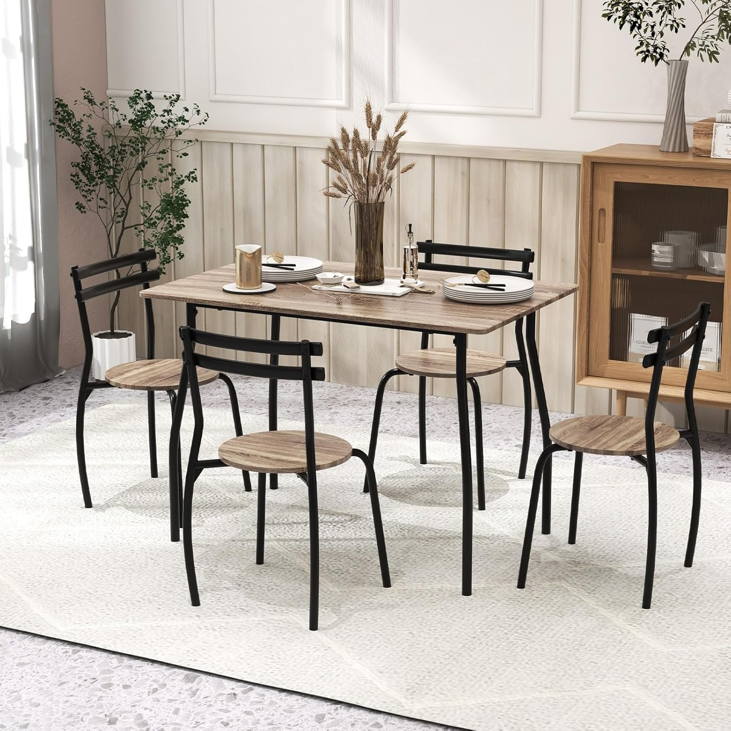 COSTWAY 5-Piece Dining Table Set, Space-Saving Kitchen Table & Chairs Set for 4 with Metal Frame, Dining Table with 4 Chairs for Kitchen, Dining Room, Living Room