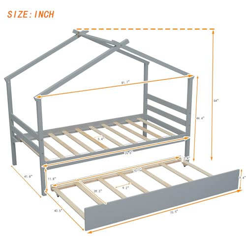 Twin Size Wooden House Bed with Twin Size Trundle, Wooden Platform Bed Frame with Roof for Teens, Boys or Girls, Space-Saving Kids' Bed Twin Size, No Box Spring Needed, Easy Assembly, Grey