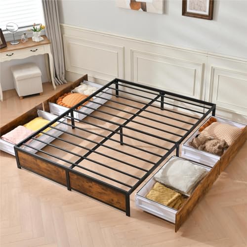 Queen Size Metal Bed Frame with Storage Drawers, no Box Spring Required, Easy to Assemble and noiseless (Queen)