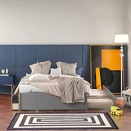 MERITLINE Full Size Bed Frame with Drawers and Trundle,Wood Full Platform Bed with Storage, Space Saving Captain Bed Full for Kids Teens Girls Boys, No Box Spring Needed, Grey