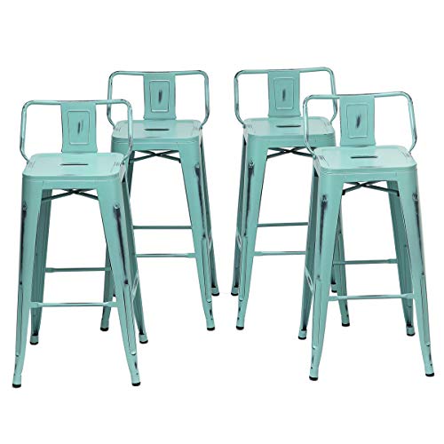 Changjie Furniture Metal Bar Stools Set of 4 Distressed Industrial Counter Bar Stool with Backs Bistro Cafe Barstools(24 inch, Distressed White)