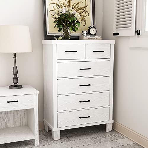 IDEALHOUSE Vintage Dresser for Bedroom with 6 Drawers, Vintage Design Wood Drawer Dresser Chest of Drawers for Closet, Living Room, Hallway, Nursery, Kids Bedroom (White, 6 Drawers)