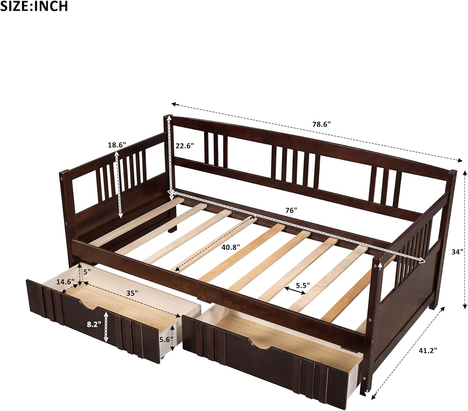 Twin Size Daybed with Two Drawers, Wood SOFE Bed Frame with Storage Space, Multi-Functional Daybed for Bedroom Living Room (Espresso//TT)