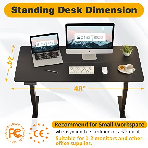 Height Adjustable Electric Stand Up Desk, 48x24 Computer Desk with Memory Presets for Home and Office, Black Frame & Brown Desktop
