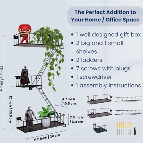 Fire Escape Ladder Shelf - New York Inspired 4 Tier Metal Shelf with Screws & Screwdriver, for Home Décor Organizer and Action Figure Display