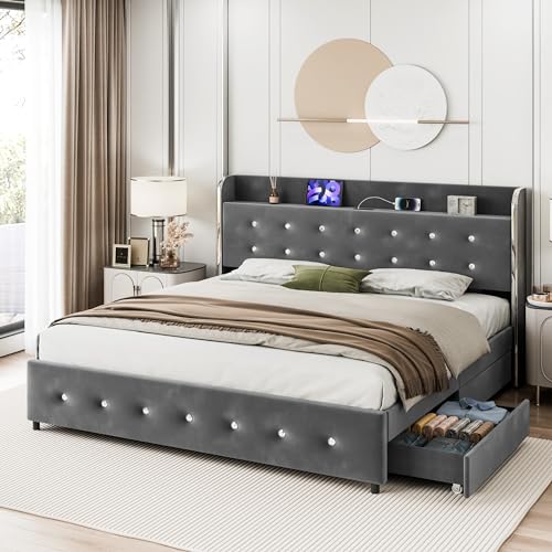 IDEALHOUSE King Size Bed Frame with 4 Storage Drawers, Upholstered Platform Bed Frame with Wingback Diamond Tufted Headboard, Wood Slats Support, Easy Assembly, No Box Spring Needed, White