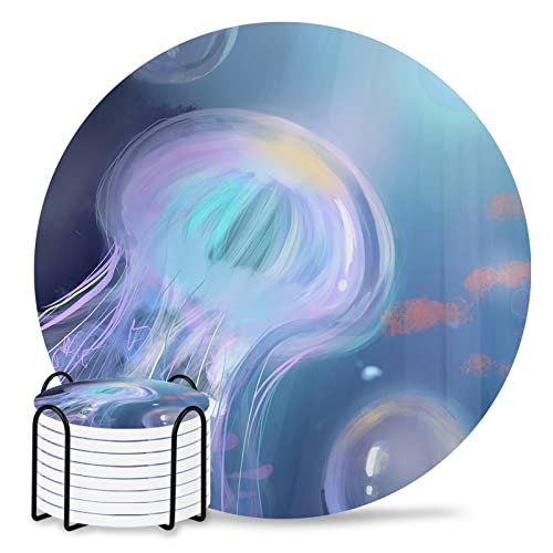 Coasters for Drinks with Holder, Mid Century Vintage Flowers Floral Theme Cambridge Blue Set of 4 Absorbent Ceramic Coasters with Cork Base,Ceramic Drink Coaster for Table Protection Home Decor