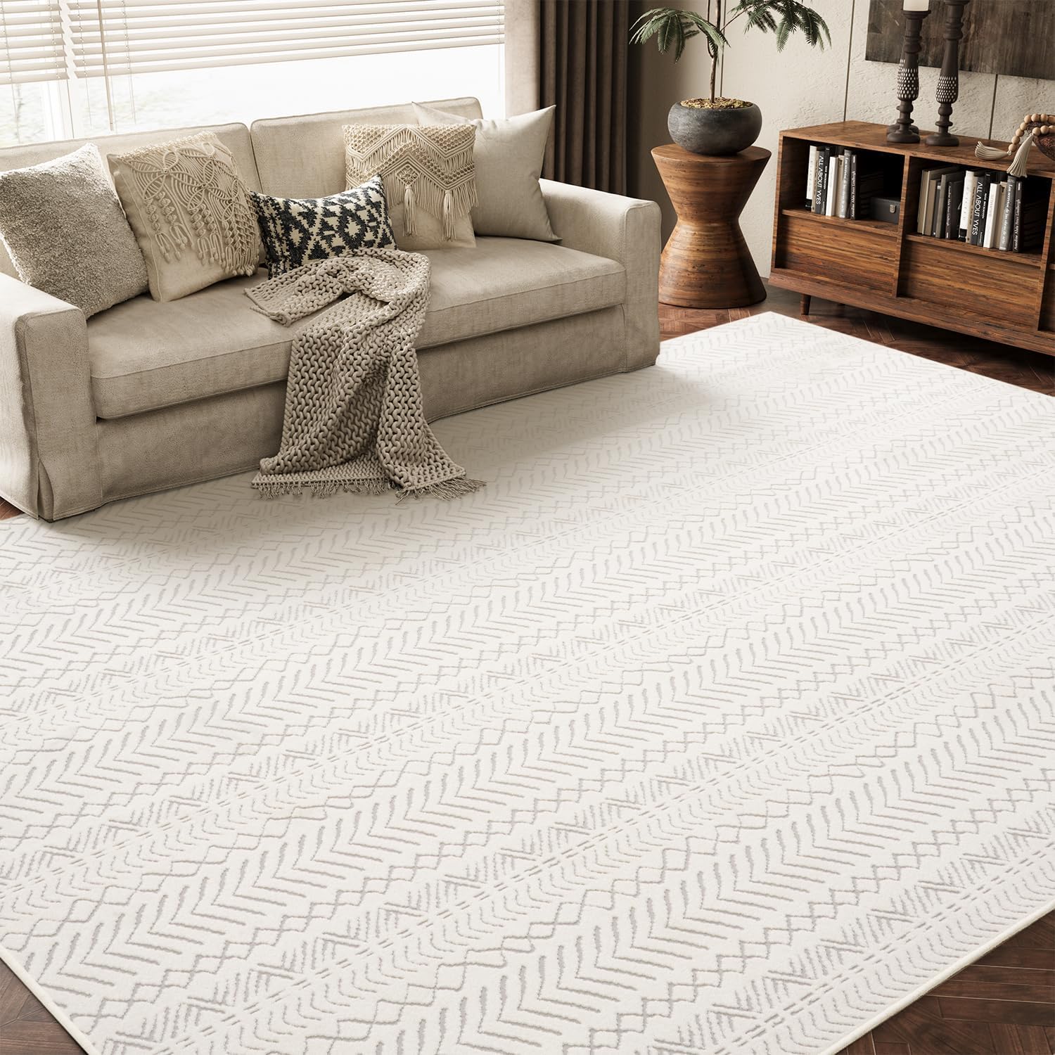 AMOAMI-Washable Area Rugs 5x7-Boho Cream Rugs for Living Room Machine Washable-3D Rugs for Bedroom-Non Slip Floor Rug-Moroccan Washable Rugs for Bedroom Dining Room