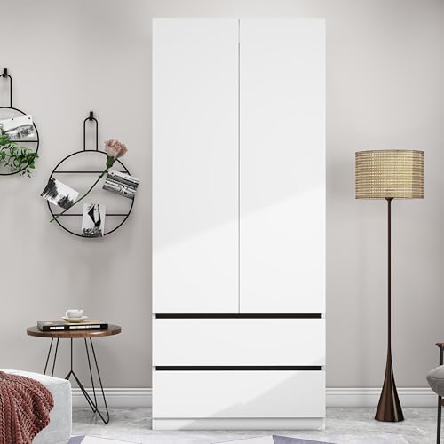 2 Door Wardrobe Closet Wooden Wardrobe Cabinet with 2 Drawers, Freestanding Small Clothes Cabinet for Bedroom Guest Room, White