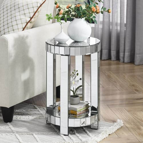 SSLine Modern Mirrored Coffee Table with 2 End Table Luxury 3-Piece Living Room Coffee End Table with Silver Mirror Finish & Shiny Diamond Decor Top 2-Tier Rectangle Center Table and Round Side Table