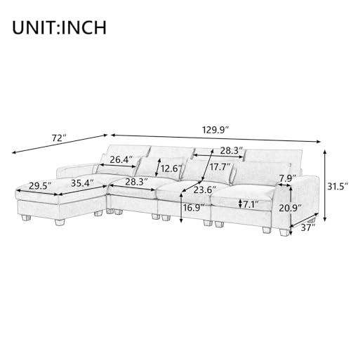 129.9'' Cloud Modular Large L-Shape Feather Filled Sectional Sofa, Extra Deep Couch with Reversible Chaise, 5 Seater Living Room Sofa Couch (Dark Grey)