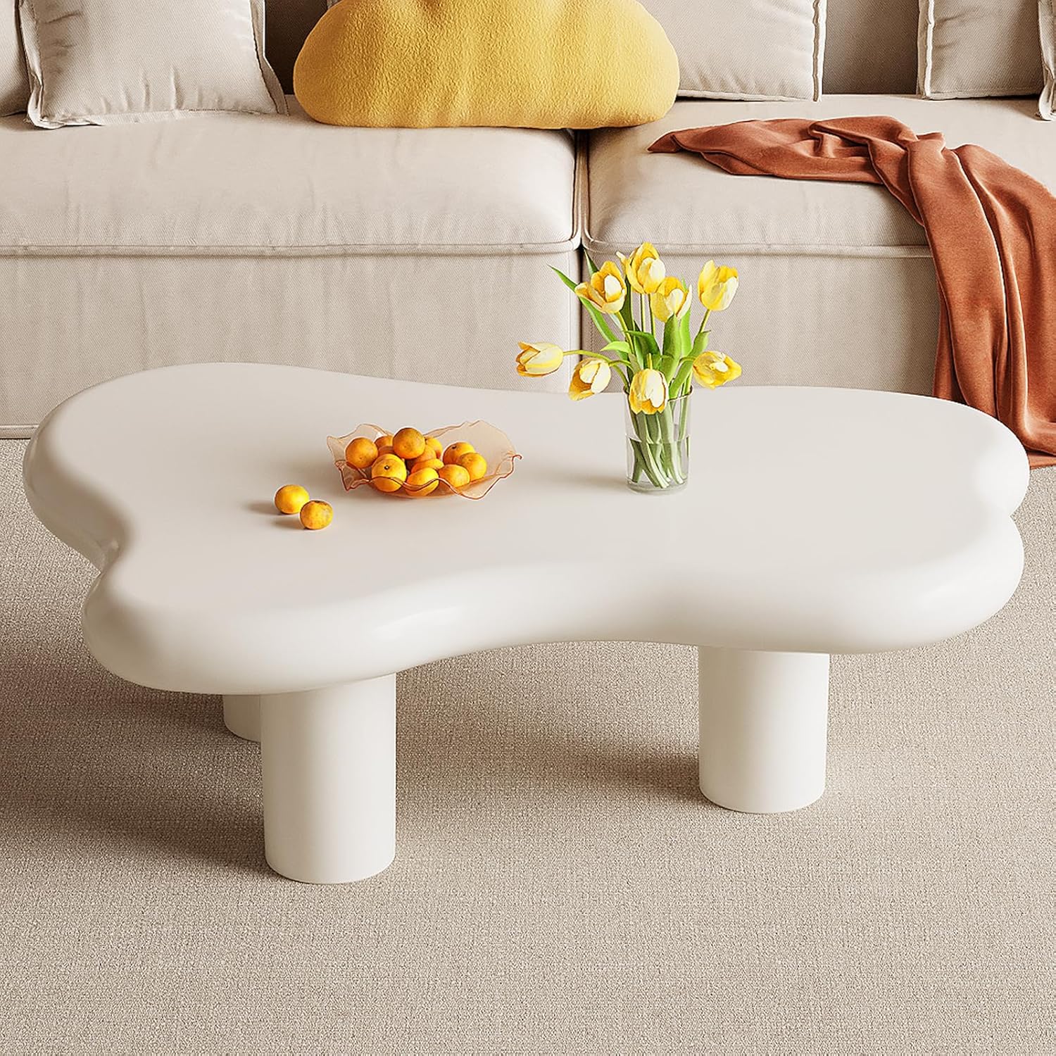 Irregular Shape Coffee Table with 3 Legs,Modern Cream White Center Table,Indoor Cartoon Tea Table for Living Room, Home Office,Bedroom,Easy Assembly