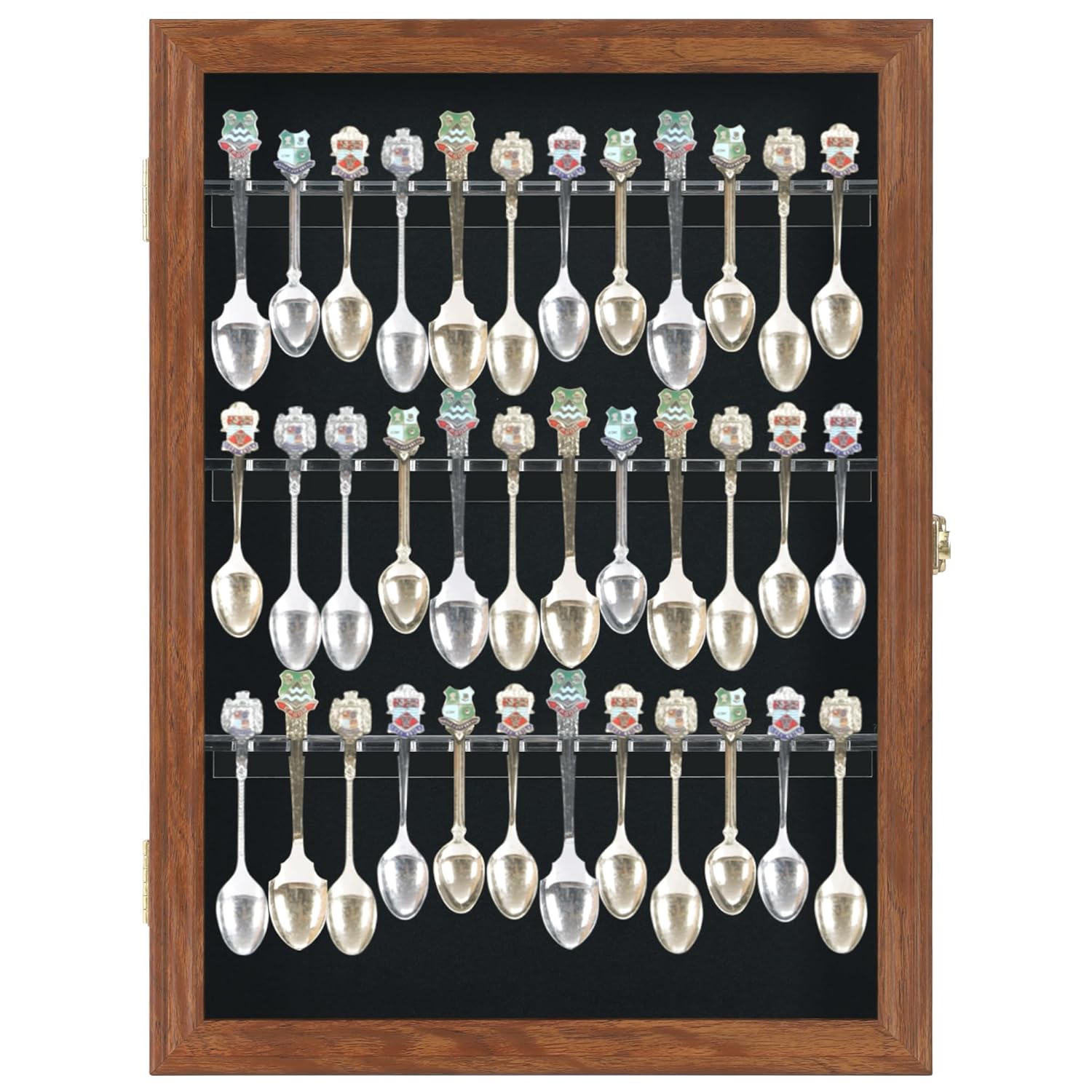 36 Souvenir Tea Spoon Solid Wood Display Case Rack Cabinet with Glass Door Walnut Finish