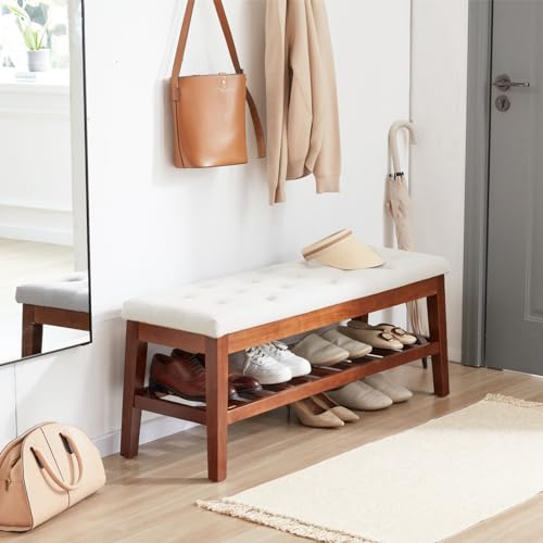 Upholstered Entryway Bench for Bedroom, End of Bed, Dining Bench Ottoman with Solid Wood Legs Tufted Padding Seat for Kitchen, Living Room, Linen Cream