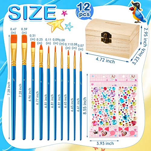 Unfinished Wood Treasure Chest Box Savings 4.72 x 3 x 3.23 Inch Treasure Chest Box Unpainted DIY with Paint Brushes and Craft Gems Self Adhesive Rhinestones Stickers (24 Pcs)