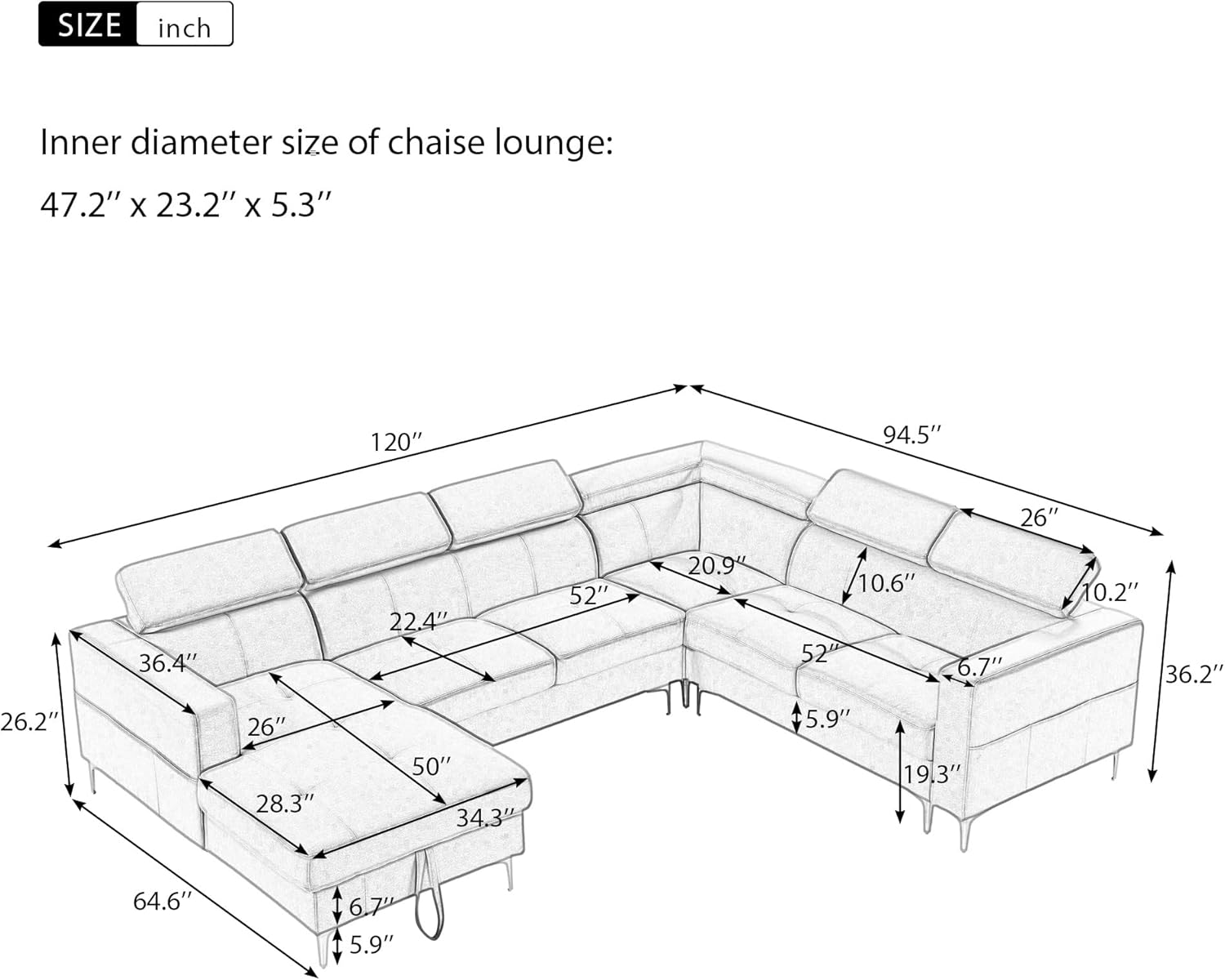 Merax U Shaped Sectional Sofa Couch, Left Storage Chaise/Head Adjustment/Linen Fabric, Smoke Wood