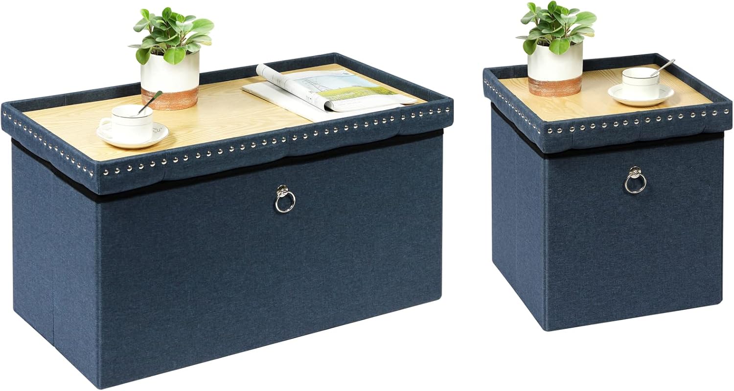 B FSOBEIIALEO Storage Ottoman Bench with Metal Ring Pulls, Storage Chest Long Bench Ottomans for Living Room Blue