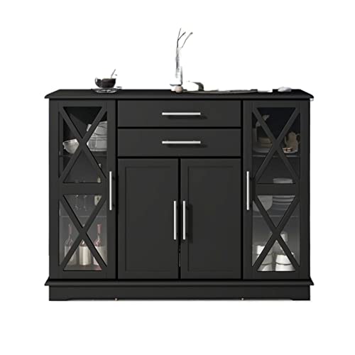 Sideboard Buffet Restaurant Functional Sideboard with Tempered Glass Large Storage Space Adjustable Shelves Buffet Storage Cabinet (White/Black) Side Board(Color:Black)
