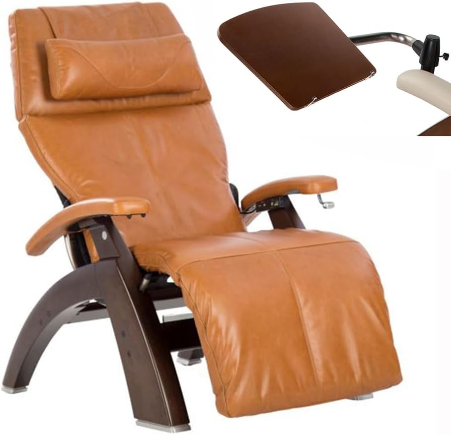 Human Touch PC-420 Manual Zero Gravity Perfect Chair Recliner Performance Memory Foam Package Dark Walnut + Laptop Desk - Saddle Premium Leather
