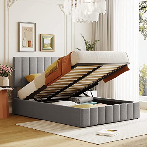 Queen Upholstered Bed with Gas Lift up Storage, Queen Size Bed Frame with Storage Underneath and Tufted Headboard, Wooden Platform Bed with Hydraulic Storage System(Queen, Beige +Button Design)